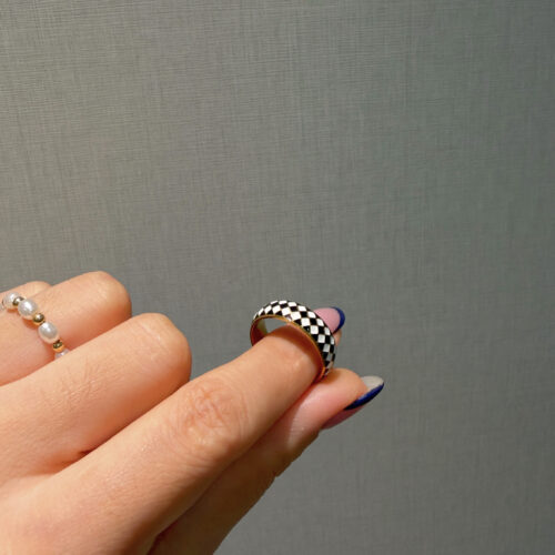 Cleo gold checker ring with geometric wide band design