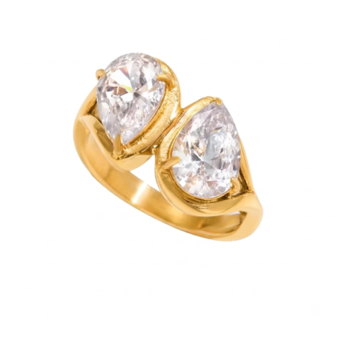 Gold pear shaped ring with double zircon stones - Coco Ring