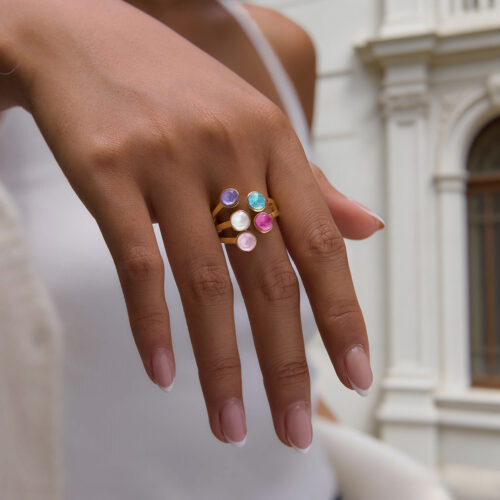 Tavi colorful gold ring with multicolor CZ stones