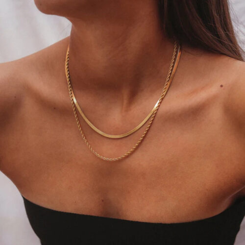 Livia layered gold necklace with double chain design, 18K gold plated waterproof jewelry for women