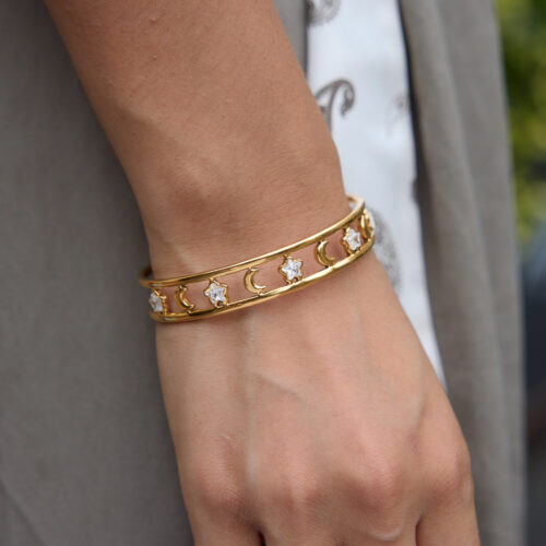 Luci gold moon and star bangle with sparkling zircon stars