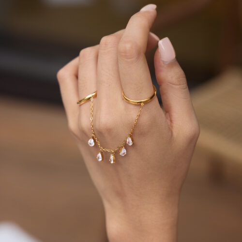 Kalala gold double finger chain ring with sparkling CZ drops