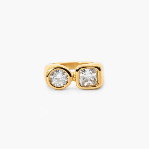 18K gold plated two stone ring with high-quality zirconia crystals and open band