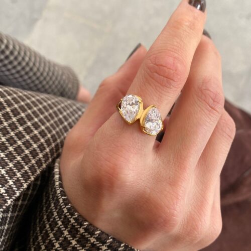 Gold pear shaped ring with double zircon stones - Coco Ring