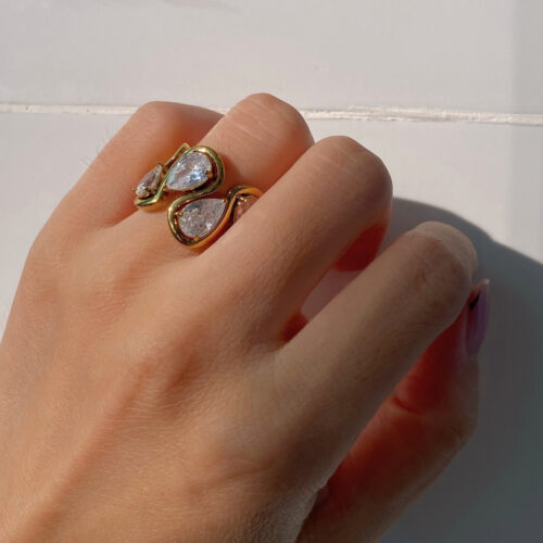 Gold pear shaped CZ ring for women - Ovi Ring