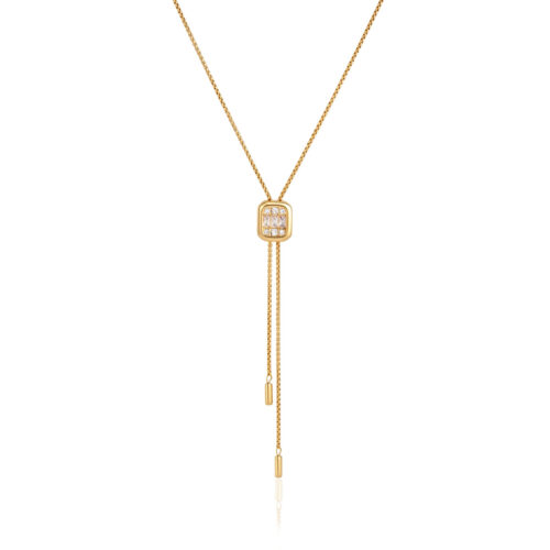 Long gold lariat necklace with square zircon – Vela Necklace