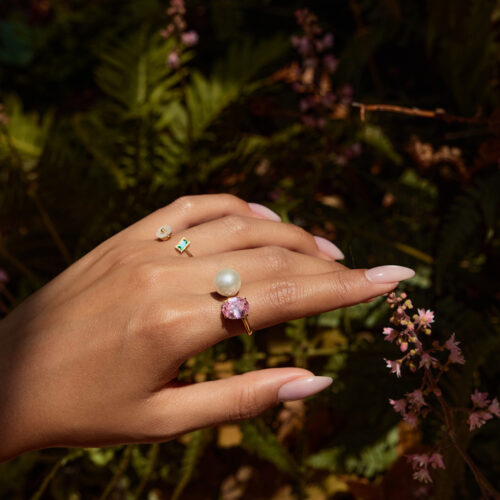 Pia adjustable gold ring with pink CZ and pearl