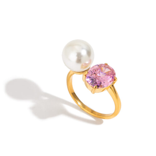 Pia adjustable gold ring with pink CZ and pearl