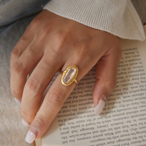 Gold oval ring for women with oversized clear zircon – Ellia Ring