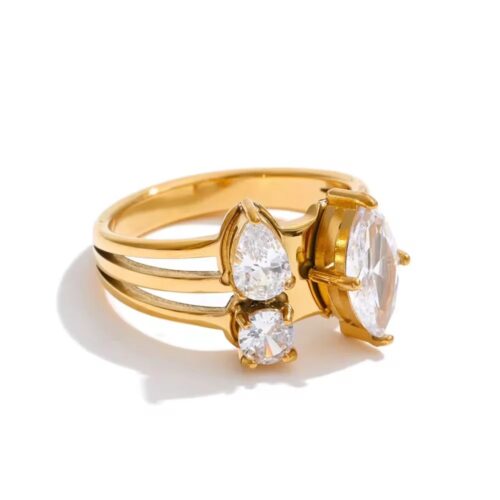 Zella gold triple band ring with multi-shape CZ stones