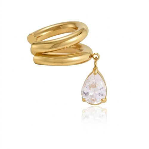 Gold double band ear cuff with teardrop cubic zirconia charm
