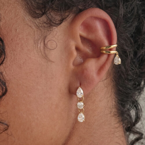 Gold double band ear cuff with teardrop cubic zirconia charm