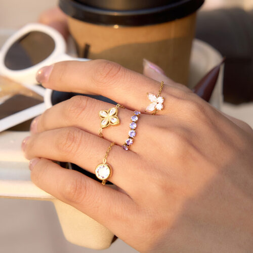Rosie pink butterfly chain ring in gold-tone stainless steel with sparkling pink cubic zirconia