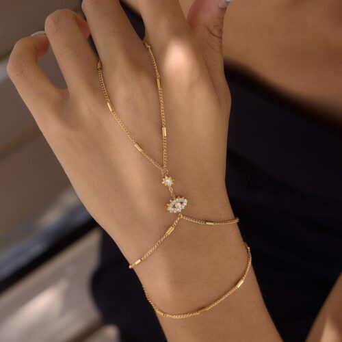 Gold Evil Eye Hand Chain Bracelet with Sparkling CZ Sunburst Detail