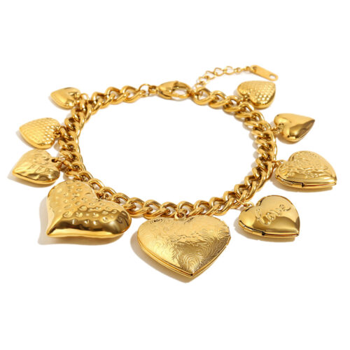 Cherie gold heart locket charm bracelet with chunky chain and multiple textured heart pendants