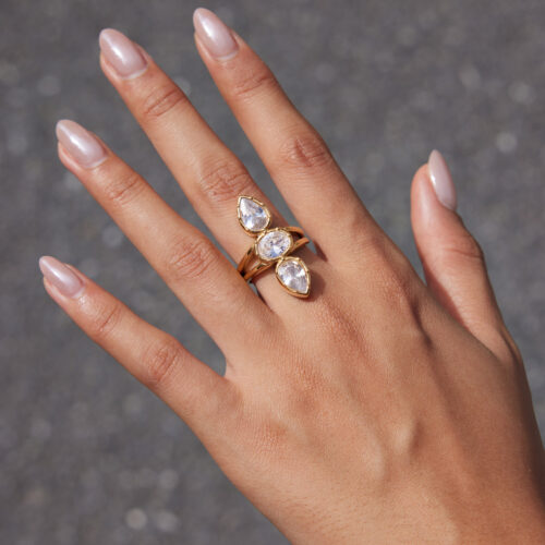 Adjustable 18K gold stainless steel ring with three clear pear and oval cubic zirconia stones