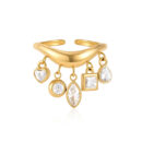 Golden Wishes gold CZ dangle ring with five sparkling cubic zirconia charms in heart, round, pear, marquise, and square shapes.