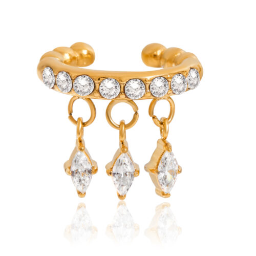 Gold dangle ear cuff with three marquise cubic zirconia drops