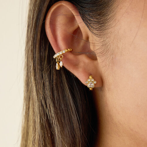 Gold dangle ear cuff with three marquise cubic zirconia drops