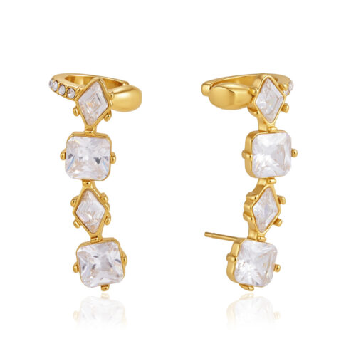 Nori gold stud cuff earrings with square and diamond CZ stones