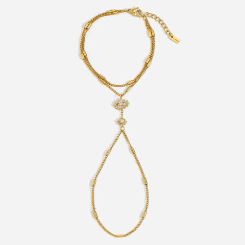 Gold Evil Eye Hand Chain Bracelet with Sparkling CZ Sunburst Detail