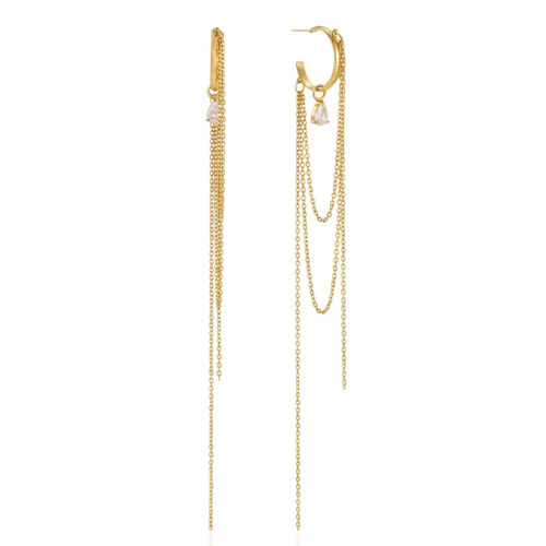 Dewdrop gold chain drop earrings with layered dangling chains and teardrop CZ stones