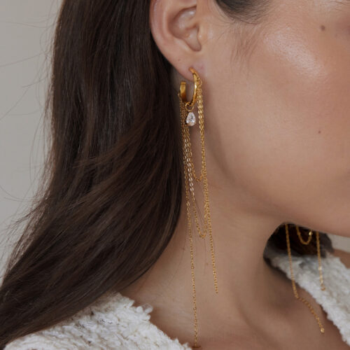 Dewdrop gold chain drop earrings with layered dangling chains and teardrop CZ stones