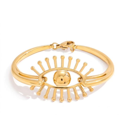 Gold evil eye bracelet with a radiant sunburst design in gold-tone stainless steel