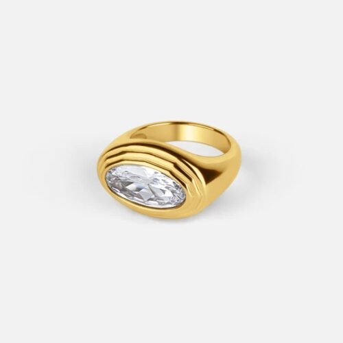 Ayla Ring – chunky gold East-West oval CZ signet ring with stepped bezel setting