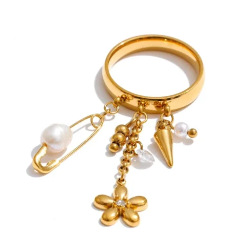 Poppy Charm Ring in gold with pearl safety pin, dangling flower charms and cubic zirconia detail