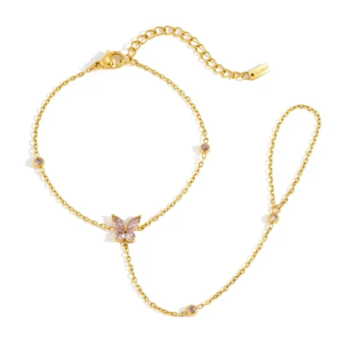 Rosie pink butterfly hand chain bracelet in gold-tone stainless steel with pink cubic zirconia accents
