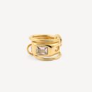 Gold stackable ring with linked bands and rectangular-cut cubic zirconia