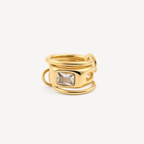 Gold stackable ring with linked bands and rectangular-cut cubic zirconia